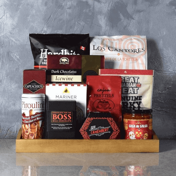 Gourmet Snack and Chocolate Gift Basket with Wooden Tray – how the gift is presented
