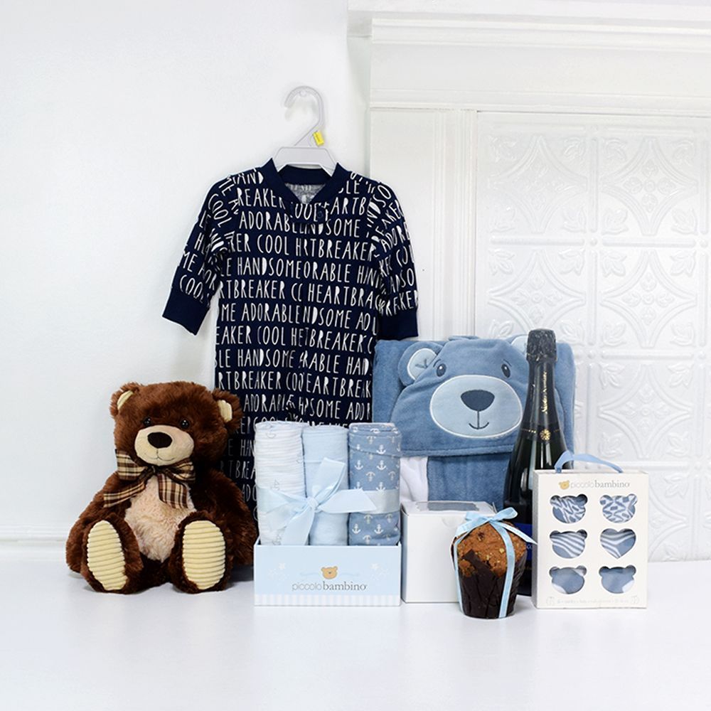 Baby Apparel and Sparkling Wine Basket – how the gift is presented