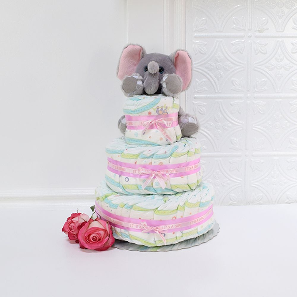 Baby Celebration 3-Layer Diaper Cake with Plush Elephant – how the gift is presented