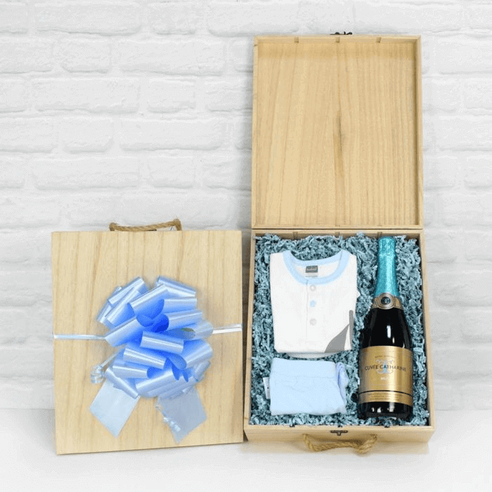 Deluxe Champagne Celebration Gift with Baby Boy Outfit – how the gift is presented